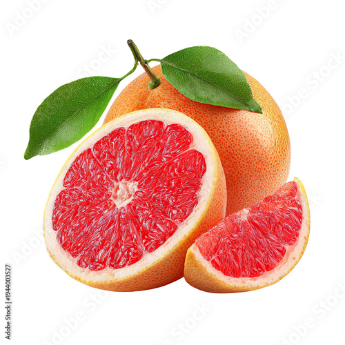 A vibrant display of fresh grapefruits with green leaves on a clean white background isolated on transparent background