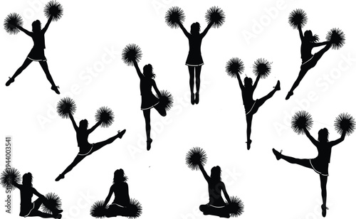 Dynamic Cheerleaders Silhouettes Collection Showing Energetic Dance Moves and High Kicks for Sports Design Projects