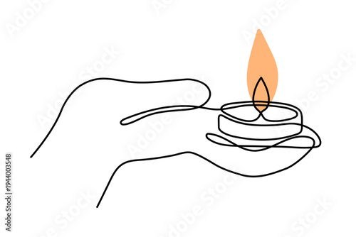 Hand holding burning candle one line art line, hand drawn human palms with flame memorial memory continuous contour, blackout time candlelight for power outage romantic dinner. Editable stroke.