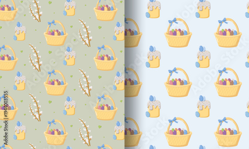 Seamless Easter pattern with Easter text in cursive and pussy willow branches on dark blue background, festive seasonal design for wrapping paper and holiday decor