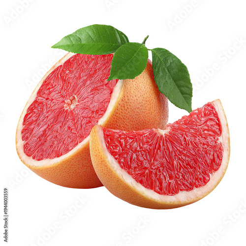 A vibrant display of fresh grapefruits with green leaves on a clean white background isolated on transparent background