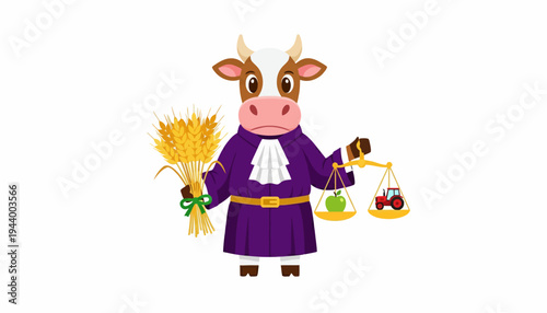 Humorous illustration of a cow dressed as a judge, holding scales of justice and a sheaf of wheat, symbolizing agricultural law and fairness in farming
