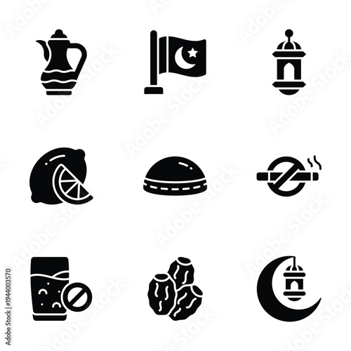 Collection of Ramadan symbols in clean glyph art icons, perfect for Islamic celebrations.