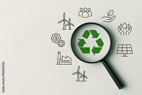 Environmental sustainability analysis concept magnifying glass focusing on recycling symbol with renewable energy icons ecology technology and sustainable development business strategy background