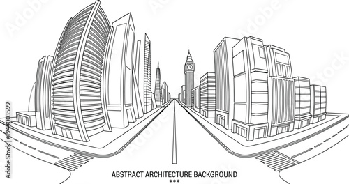 Metropolitan fisheye street panorama featuring extreme lens distortion, commercial skyscrapers, and a central clock tower landmark.