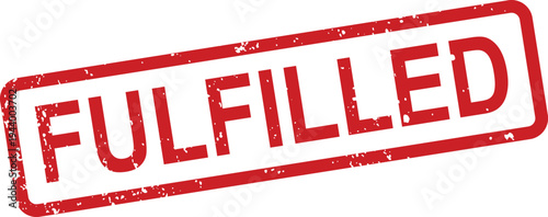 A distressed red rubber stamp featuring the prominent word FULFILLED displayed on a clean white surface