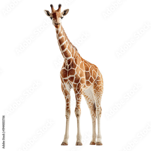 A giraffe stands alone against a plain white background, looking directly at the camera. isolated on transparent background