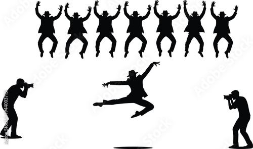 Group of Happy Silhouetted People Jumping High in Unity While Photographers Capture the Joyful Moment on White Background