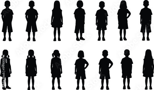 Group of Ten Children Silhouettes Standing Together Isolated on White Background for Design