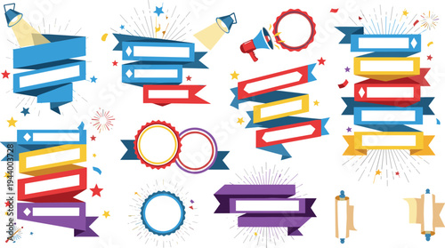 Colorful ribbon banners and badge labels collection with decorative frames stars megaphone and spotlight elements for marketing promotion vector illustration set