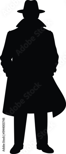 Silhouette of a vintage noir detective wearing fedora hat and trench coat, holding a handgun, secret agent, hitman, spy,