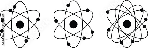 Vector illustration of atomic models with electrons orbiting nucleus for chemistry, physics, and educational science artwork