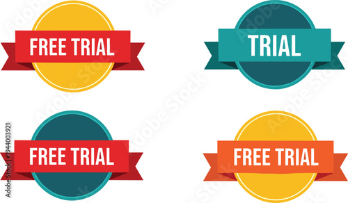 Vector illustration of colorful circular badges with ribbon banners promoting free trial offers for marketing and advertising artwork