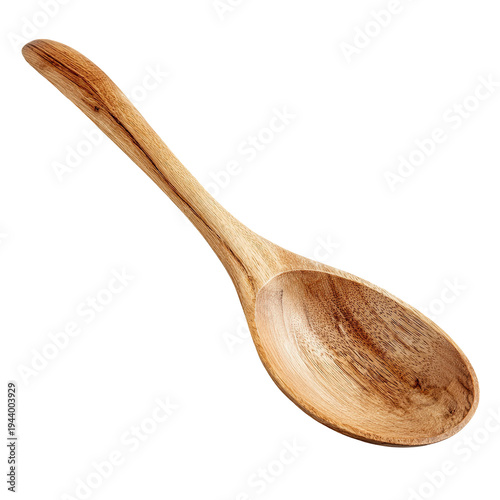 A wooden spoon lies on a plain white surface, showcasing its natural texture and craftsmanship. isolated on transparent background