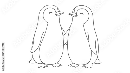 Penguin Affection: Two charming penguins stand side-by-side, their bodies touching in a gesture of heartwarming tenderness, expressing the purity of love and companionship