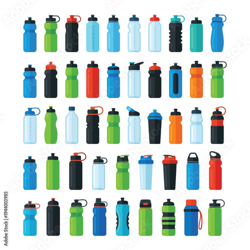 Sports Water Bottle Set Vector Collection | Multiple Athletic Hydration Bottles Flat Illustration