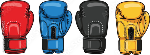 Vector illustration of boxing gloves in red, blue, black, and yellow designs for sports equipment and fitness artwork