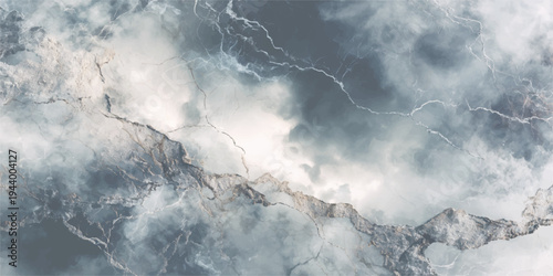 Sunlight filters through white clouds as blue waves on the sea crash under a stormy sky, creating a powerful nature texture where wind and water meet in a dark cloudscape