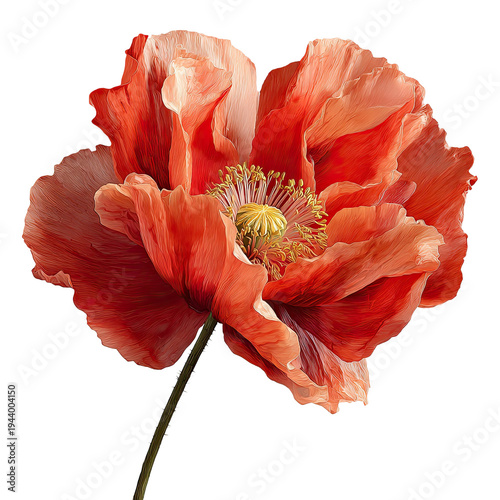 A large red poppy flower with delicate petals and a yellow center against a white background isolated on transparent background