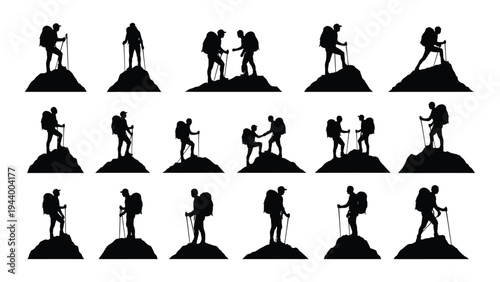 Collection of hikers in various poses on mountain peaks, illustrating different actions and activities in outdoor adventure and travel
