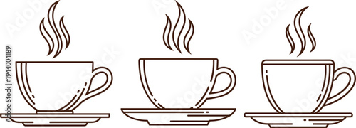 Vector illustration of steaming coffee and tea cups on saucers for café, hospitality, and relaxation artwork