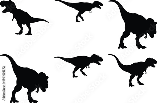 A comprehensive set of powerful Tyrannosaurus Rex silhouettes in various dynamic and menacing poses, illustrating the formidable presence of these iconic prehistoric predators.