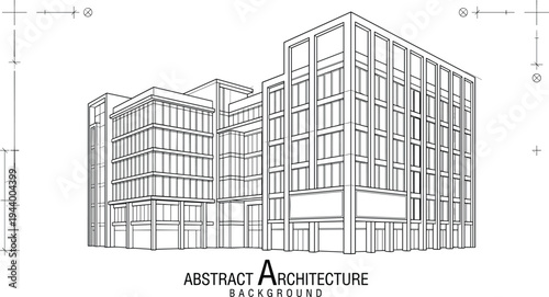 Mid-rise commercial office building standalone concept sketch featuring a rhythmic grid facade, modern structural silhouette, and customizable signage panel.