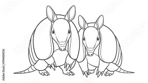 Armadillo Pair illustration: A monochrome artistic depiction of two armadillos, their unique armored shells and features, rendered with clean lines and graphic simplicity.