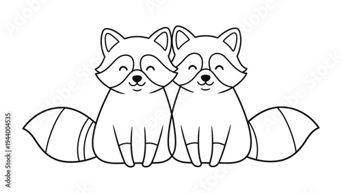 Friendly Raccoons: Two adorable raccoons sit side-by-side, their cartoon-like features and cute expressions exuding friendliness and warmth. 