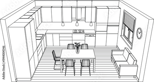 Minimalist studio apartment layout in a high-angle axonometric view, featuring a compact kitchen, central dining area, and a living room sofa.