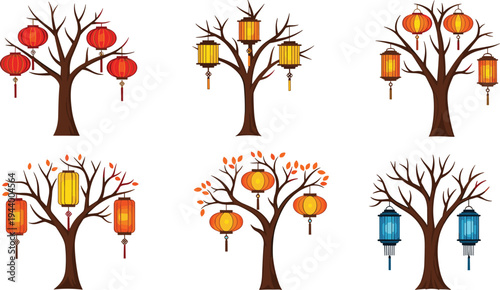 Vector illustration of stylized trees decorated with colorful lanterns for cultural, festive, and seasonal artwork