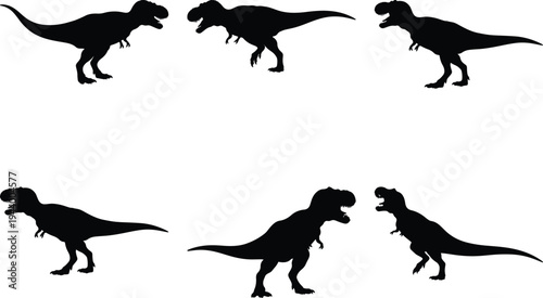 Tyrannosaurus Rex dinosaur silhouettes in diverse dynamic poses, depicting the iconic prehistoric predator. Isolated vector on white, perfect for educational content and graphic design projects.