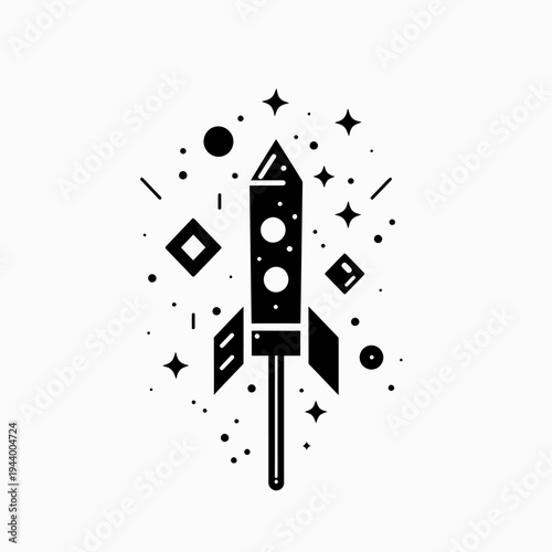 Black rocket illustration with stars and geometric elements against white
