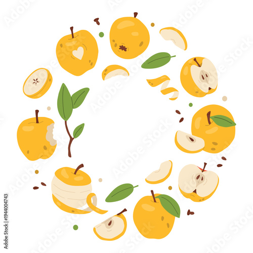 circle frame print with green apples, slices, leaves and seeds in playful flat vector style. Fresh fruit illustration for packaging, textile, kitchen decor, cider or jam labels, autumn food designs.