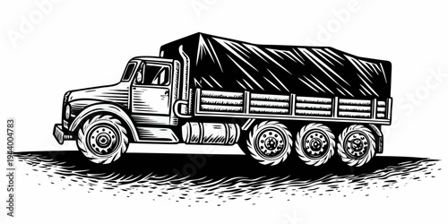 Military Supply Truck Vector - Heavy Duty Cargo Vehicle Line Art Illustration