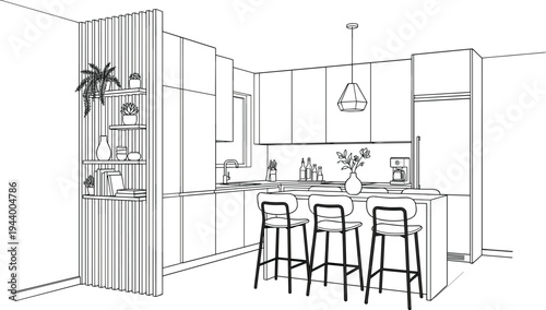 Modern kitchen interior perspective featuring a vertical wood slat room divider with integrated shelving and breakfast bar.