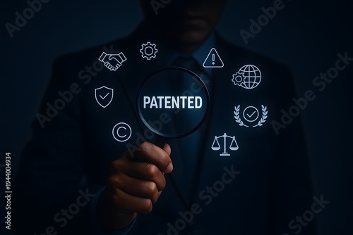 Person in professional attire holds a magnifying glass over the glowing word 