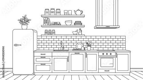 Modern professional kitchen perspective featuring large central Modern kitchen elevation perspective featuring subway