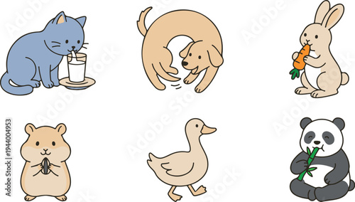 Cute Animals Eating and Drinking Healthy Food Set
