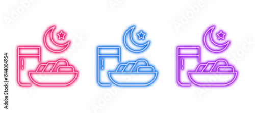 Neon glowing ramadan iftar suhoor meal vector icons set, islamic, fasting, religious, food, drink, vibrant colorful digital design illustration.
