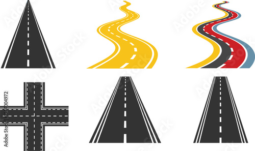 Vector illustration of stylized roads including straight lanes, winding paths, intersections, and multi‑colored designs for transportation artwork