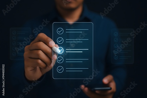 Person meticulously marks an item on a glowing digital checklist, symbolizing the active process of task completion, project progression, and organized workflow management.