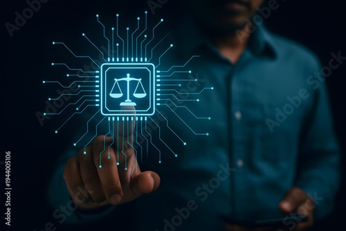 Person points directly at a bright digital circuit board with a prominent scales of justice icon, underscoring the vital concept of digital law and regulatory compliance.