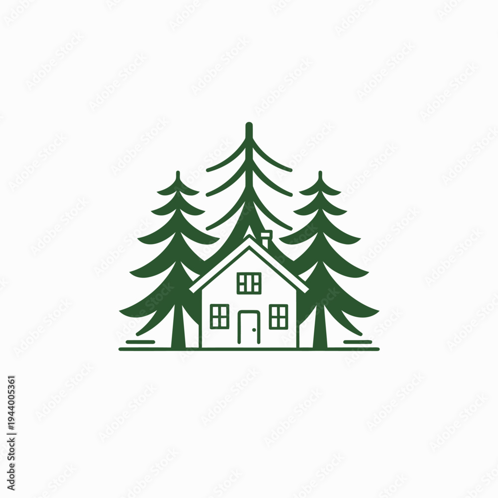 Fototapeta premium Cabin surrounded by evergreen trees graphic vector illustration design