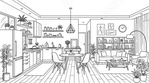 Modern open-plan great room interior perspective featuring integrated kitchen, dining area, and living lounge with large bookshelf.