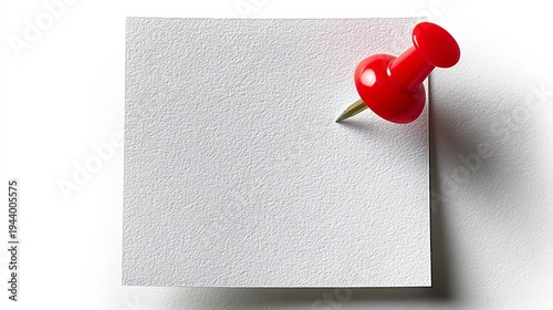 Red push pin attached to a blank white note paper on a clean surface, showcasing a simple and minimalistic design for notes or reminders
