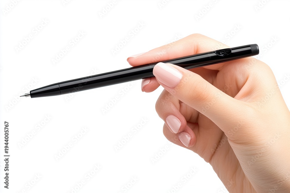 Naklejka premium A woman's hand holds a black ballpoint pen. White background