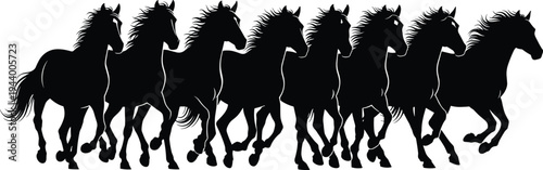 Black Horse Silhouette Collection, Galloping Wild Stallions Running in Herd, Equestrian Animal Vector Illustration Clipart Set on Isolated White Background, (21 words)