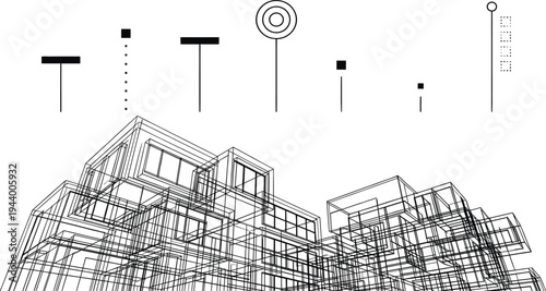 Modular smart city building wireframe featuring abstract data visualization markers, UI/UX infographic nodes, and complex geometric structural grids.
