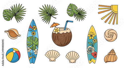 Set of 11 tropical summer icons vector